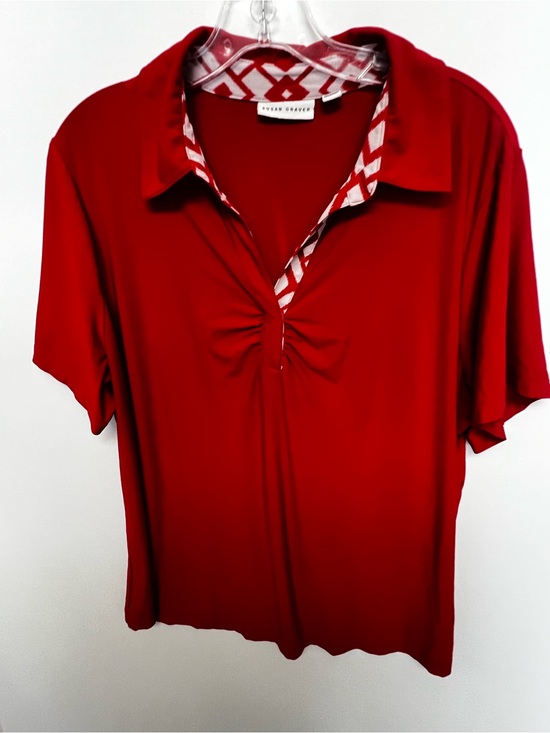 Susan Graver Tops - Susan Graver Women's Red Short-Sleeve Polo w/Patterned Trim at collar/neckline